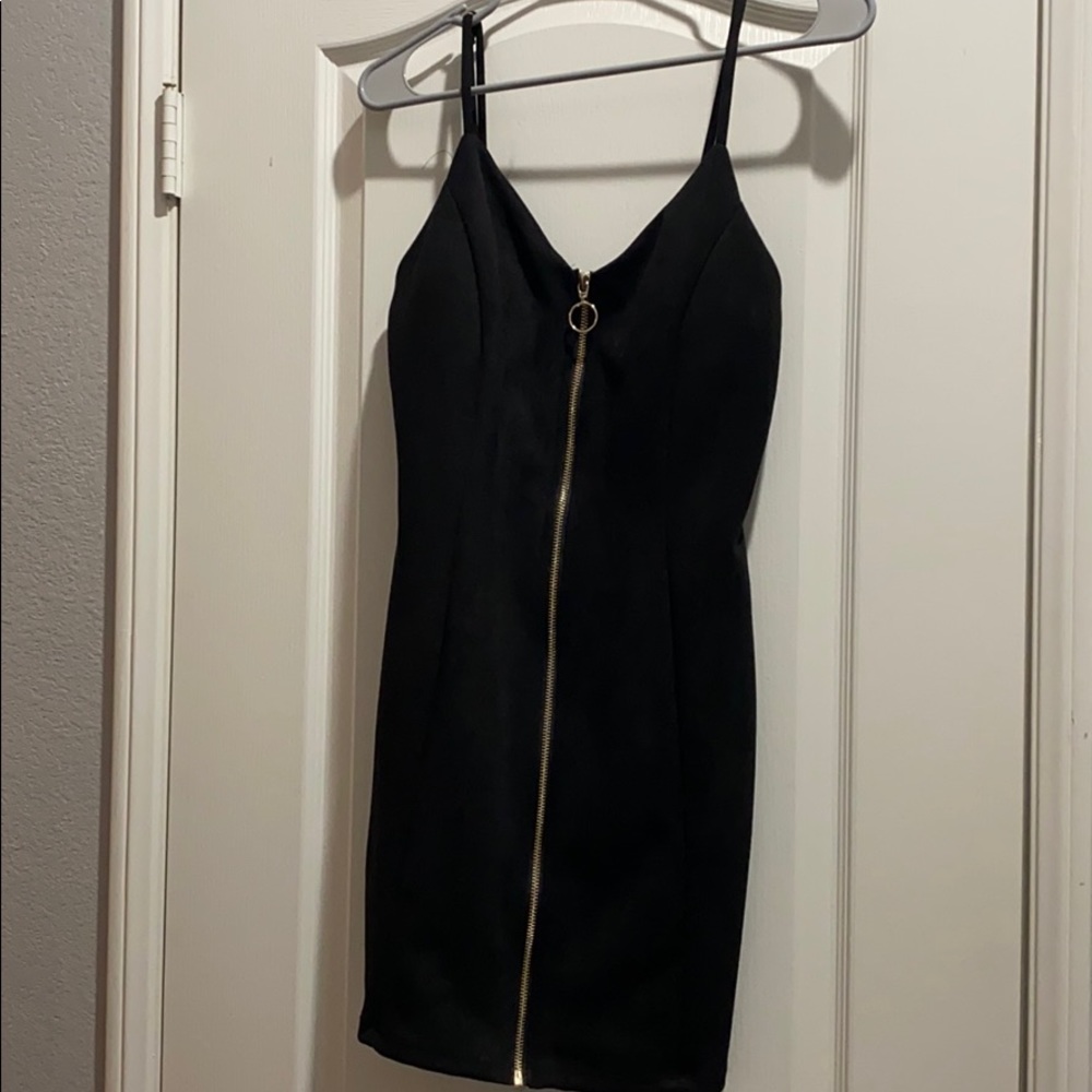 Black suede dress with gold zipper